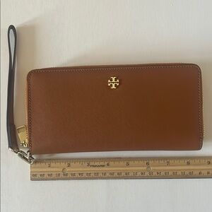 Brown Leather Wristlet with Gold Logo
